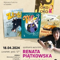 Plakat zawiera zdjęcie autorki, okładki jej książek i informacje dotyczące terminu i miejsca spotkania autorskiego.