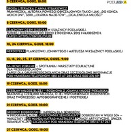 Program czerwcowych imprez, powyżej logotyp książnicy podlaskiej, poniżej informacje i logo Facebooka.