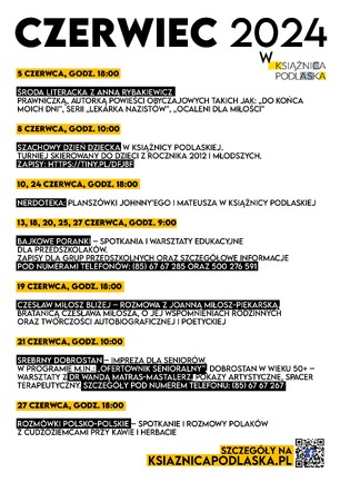 Program czerwcowych imprez, powyżej logotyp książnicy podlaskiej, poniżej informacje i logo Facebooka.