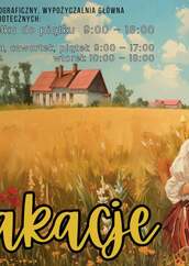 Kolorowa grafika pokazująca dwie młode dziewczyny w strojach ludowych, siedzące w łanie zboża i czytające książki, w oddali dom, poniżej i powyżej informacje.