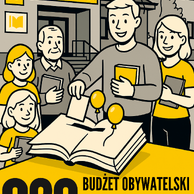Plakat promujący projekt O20 'Mural - Książki do nieba' w Budżecie Obywatelskim. Ilustracja przedstawia grupę uśmiechniętych ludzi różnych pokoleń stojących przed biblioteką nr 73, trzymających książki. W centrum znajduje się otwarta książka z żółtymi balonami unoszącymi się w górę, symbolizująca 'książki do nieba'.