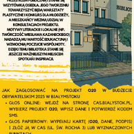 Informacyjna ulotka o projekcie muralu na budynku biblioteki. Po lewej stronie znajduje się opis projektu w języku polskim, a po prawej ilustracja budynku Biblioteki. Na dole żółte tło z instrukcjami głosowania online i papierowego oraz terminami głosowania od 24.09 do 7.10.2025.