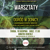 Plakat pierwszej części warsztatów „Ogród w donicy – dekorowanie/dekupaż doniczek (na kolejnych warsztatach sadzenie roślin)”. Termin: środa, 19 sierpnia, godz. 17:00, Świetlica Wiejska w Ignatkach-Osiedlu. Plakat zawiera pełne informacje o zapisach (numery telefonów, mail, Messenger) oraz adnotację o ograniczonej liczbie miejsc. Tło w tonacji głębokiej zieleni z fraktalnym wzorem liści oraz ciągiem logotypów u dołu.